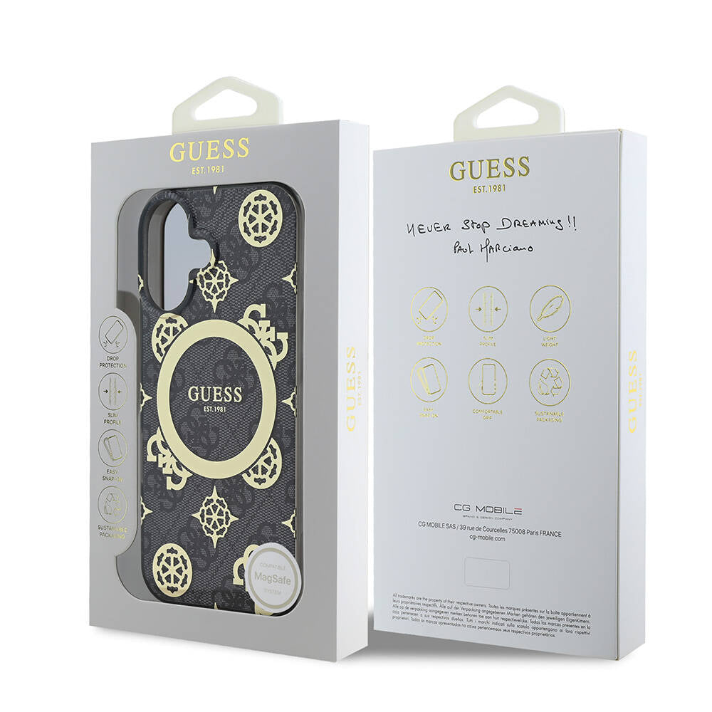 Apple iPhone 16 Plus Case Guess Original Licensed M-safe Charging Feature 4G Patterned IML Text Logo Peony Cover Pink