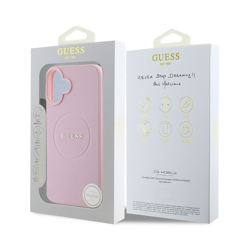 Apple iPhone 16 Plus Case Guess Original Licensed M-safe Charging Feature Grained Cover Green with Text Logo