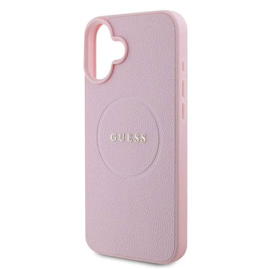 Apple iPhone 16 Plus Case Guess Original Licensed M-safe Charging Feature Grained Cover Pink with Text Logo