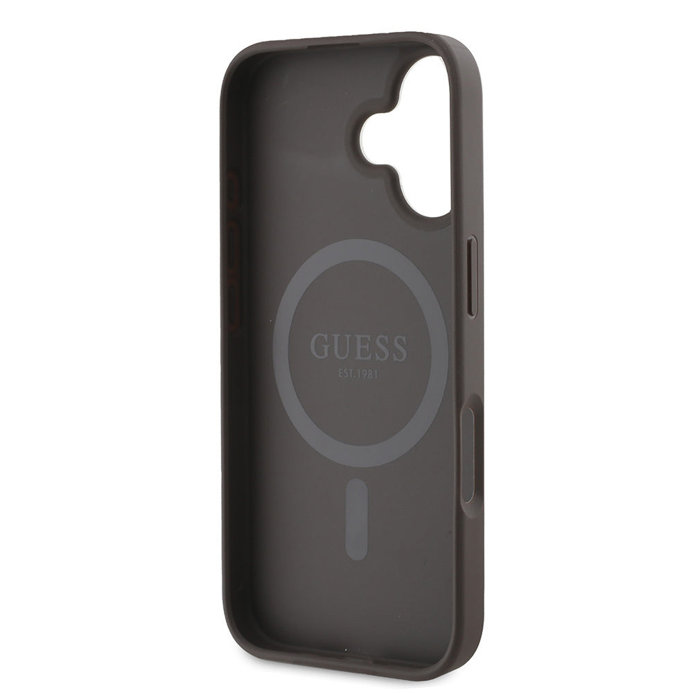 Apple iPhone 16 Plus Case Guess Original Licensed M-safe Charging Feature 4G Patterned Text Logo Peony Cover Brown