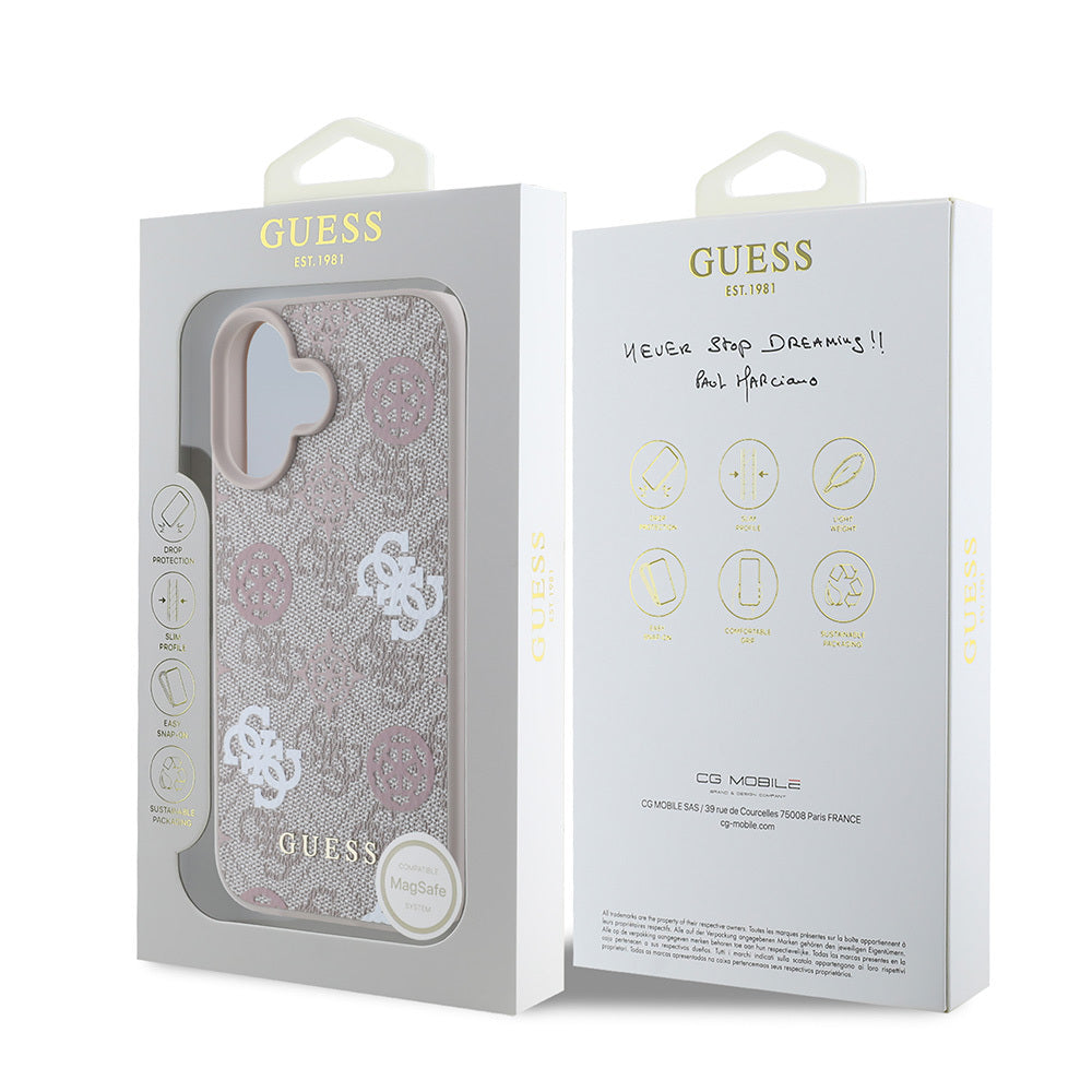 Apple iPhone 16 Plus Case Guess Original Licensed M-safe Charging Feature 4G Patterned Text Logo Peony Cover Pink