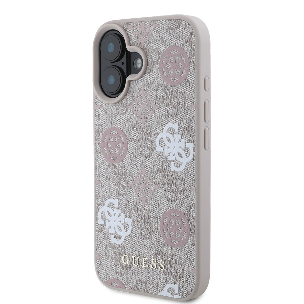 Apple iPhone 16 Plus Case Guess Original Licensed M-safe Charging Feature 4G Patterned Text Logo Peony Cover Pink