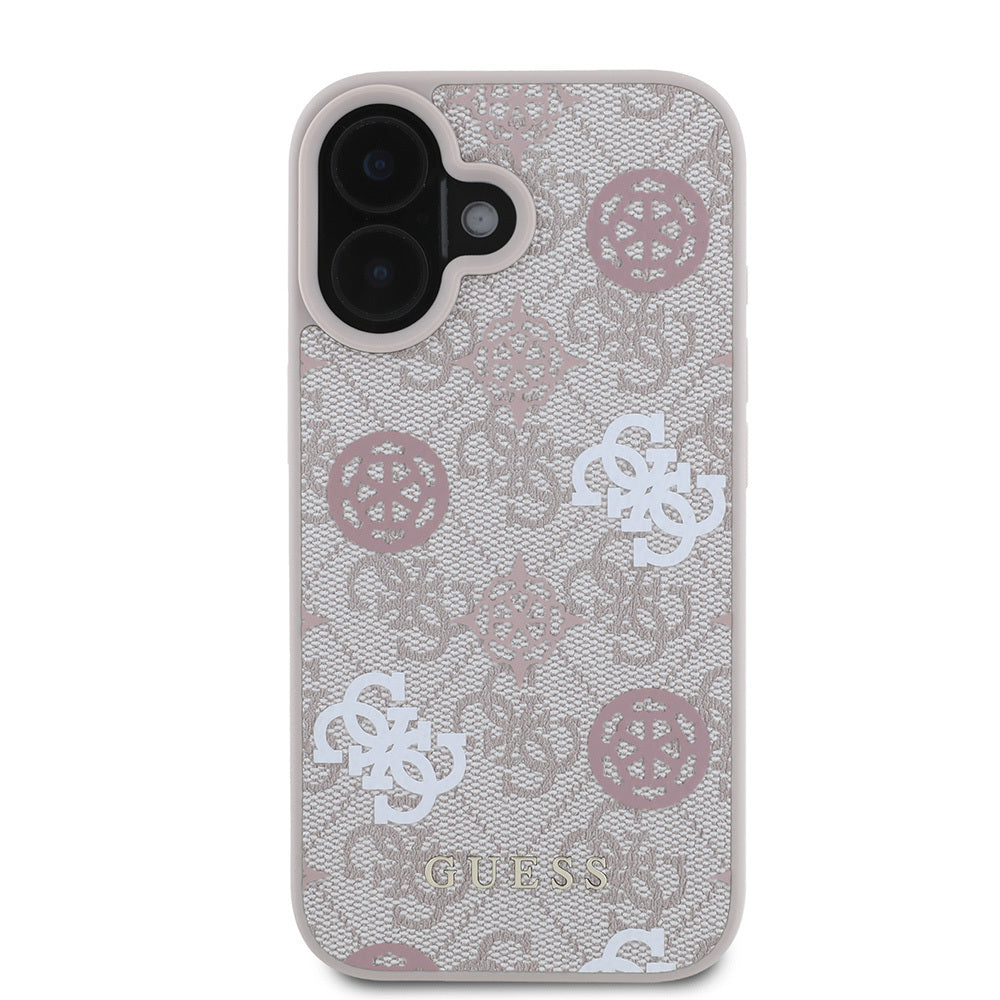 Apple iPhone 16 Plus Case Guess Original Licensed M-safe Charging Feature 4G Patterned Text Logo Peony Cover Pink