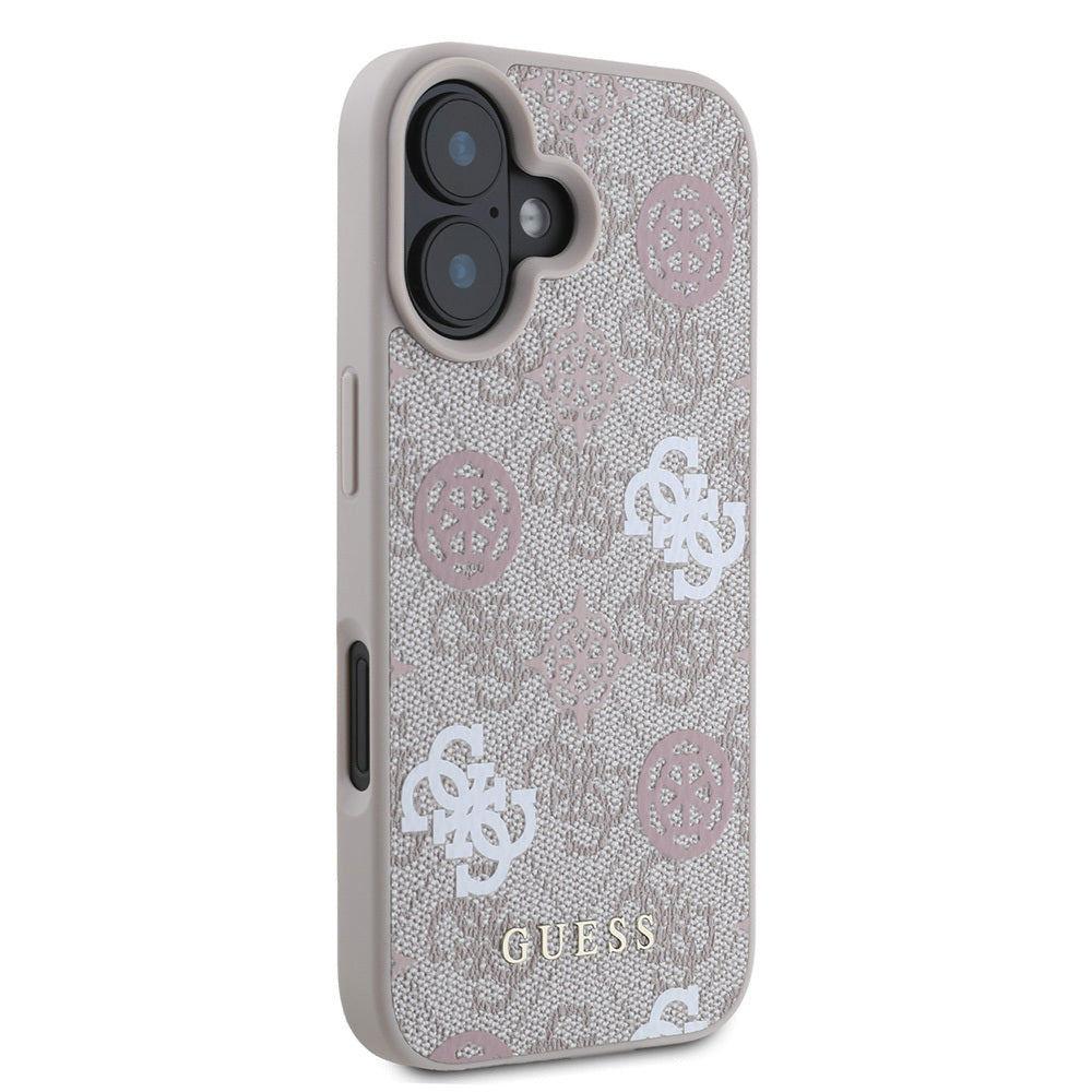Apple iPhone 16 Plus Case Guess Original Licensed M-safe Charging Feature 4G Patterned Text Logo Peony Cover Pink