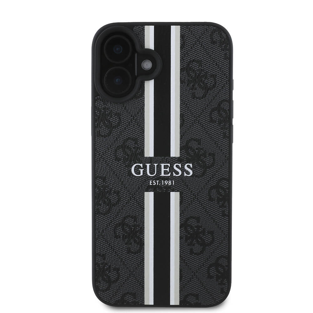 Apple iPhone 16 Plus Case Guess Original Licensed M-safe Charging Feature 4G Stripe Design Printed Cover Brown