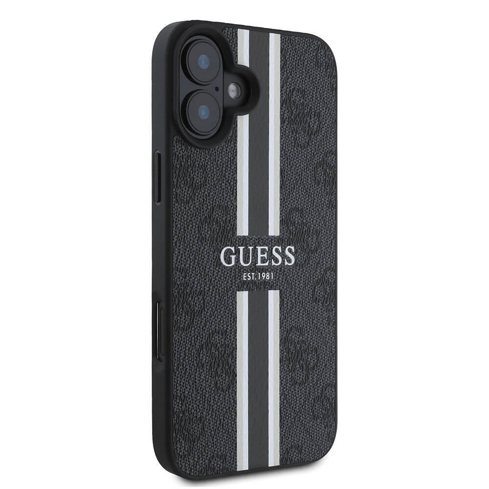 Apple iPhone 16 Plus Case Guess Original Licensed M-safe Charging Feature 4G Stripe Design Printed Cover Brown