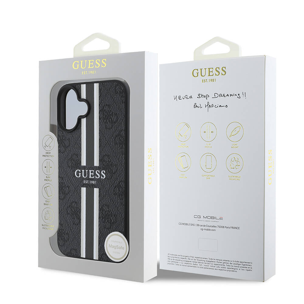 Apple iPhone 16 Plus Case Guess Original Licensed M-safe Charging Feature 4G Stripe Design Printed Cover Brown