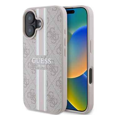 Apple iPhone 16 Plus Kılıf Guess Orjinal Lisanslı M-safe Şarj Özellikli 4G Şerit Tasarımlı Printed Kapak Kahverengi