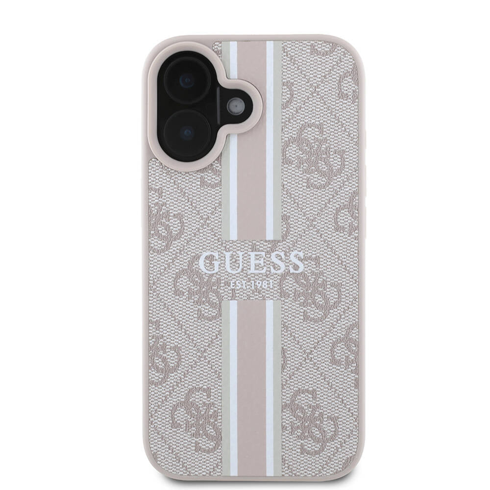 Apple iPhone 16 Plus Case Guess Original Licensed M-safe Charging Feature 4G Stripe Design Printed Cover Pink