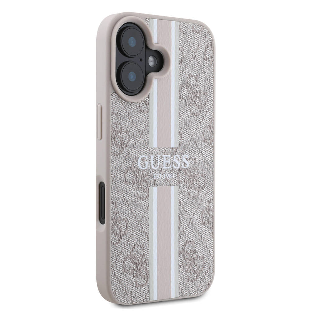 Apple iPhone 16 Plus Case Guess Original Licensed M-safe Charging Feature 4G Stripe Design Printed Cover Pink