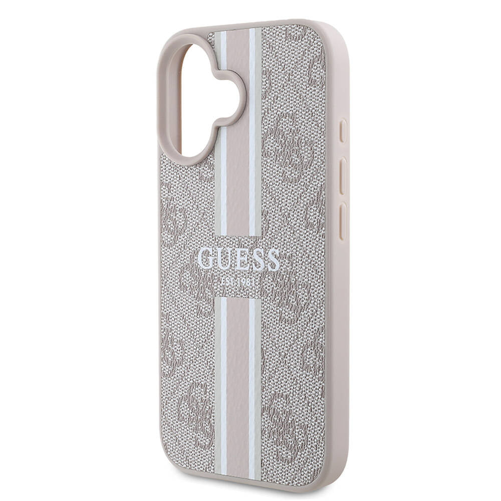 Apple iPhone 16 Plus Case Guess Original Licensed M-safe Charging Feature 4G Stripe Design Printed Cover Pink