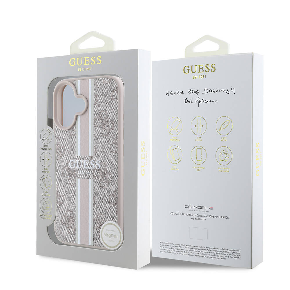 Apple iPhone 16 Plus Case Guess Original Licensed M-safe Charging Feature 4G Stripe Design Printed Cover Brown