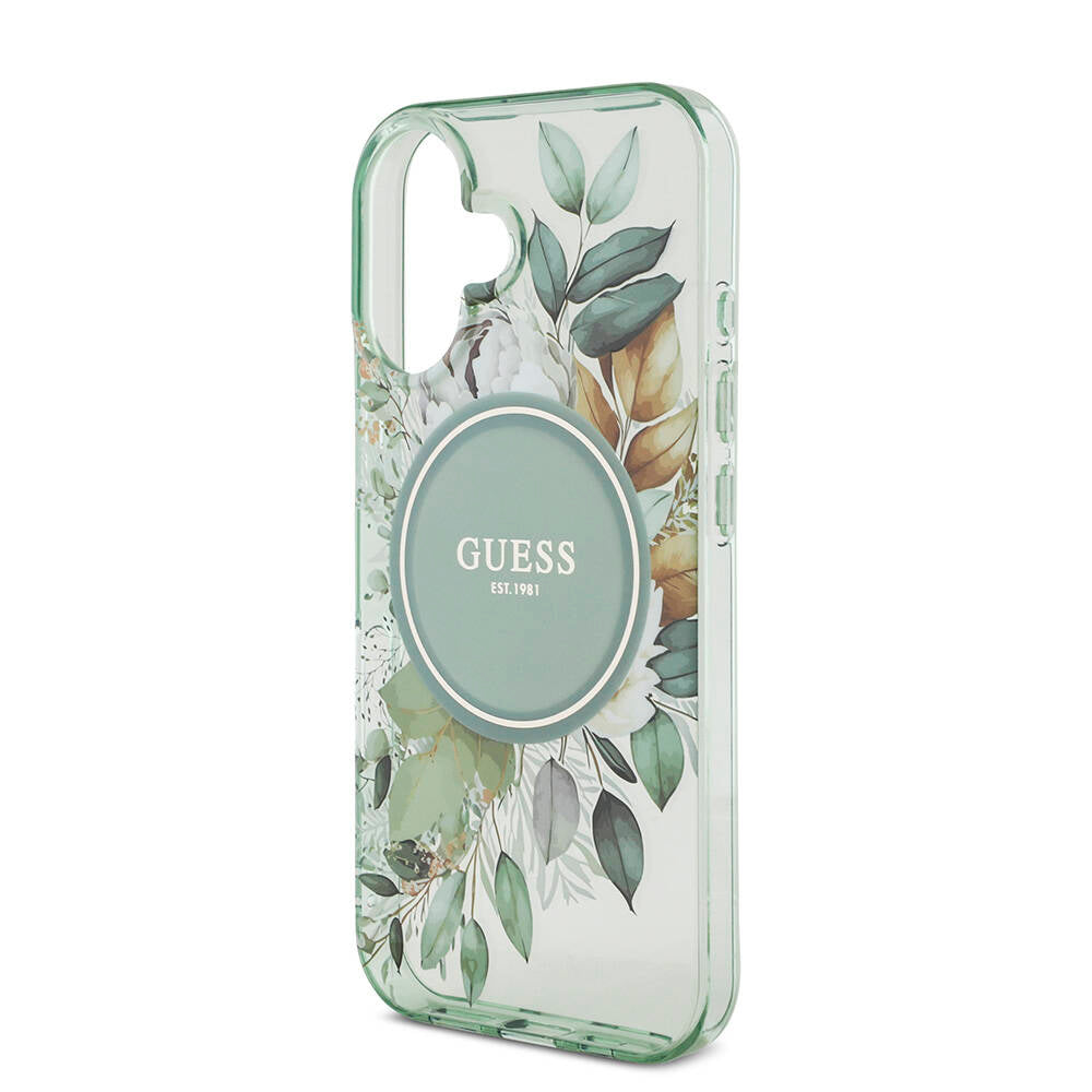 Apple iPhone 16 Plus Case Guess Original Licensed M-Safe Charging Feature IML Printed Flower Pearl Bracelet Cover Green