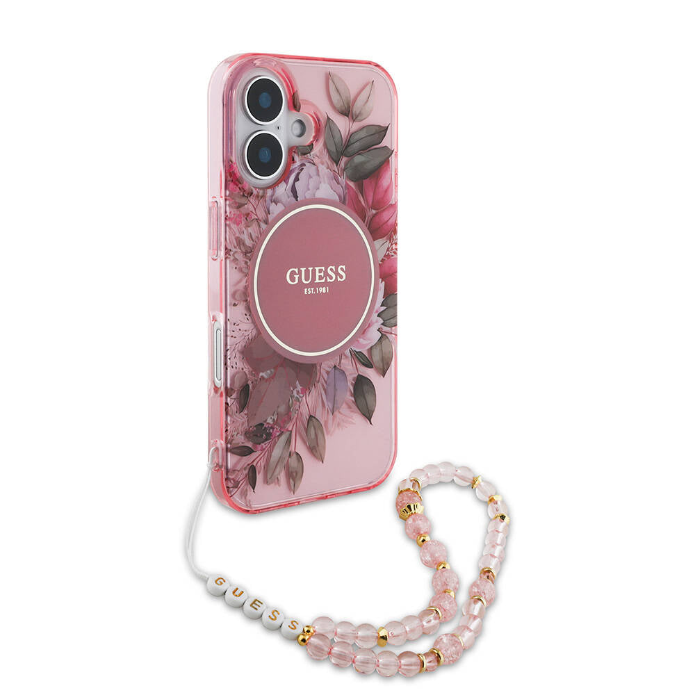 Apple iPhone 16 Plus Case Guess Original Licensed M-safe Charging Feature IML Printed Flower Pearl Bracelet Cover Pink