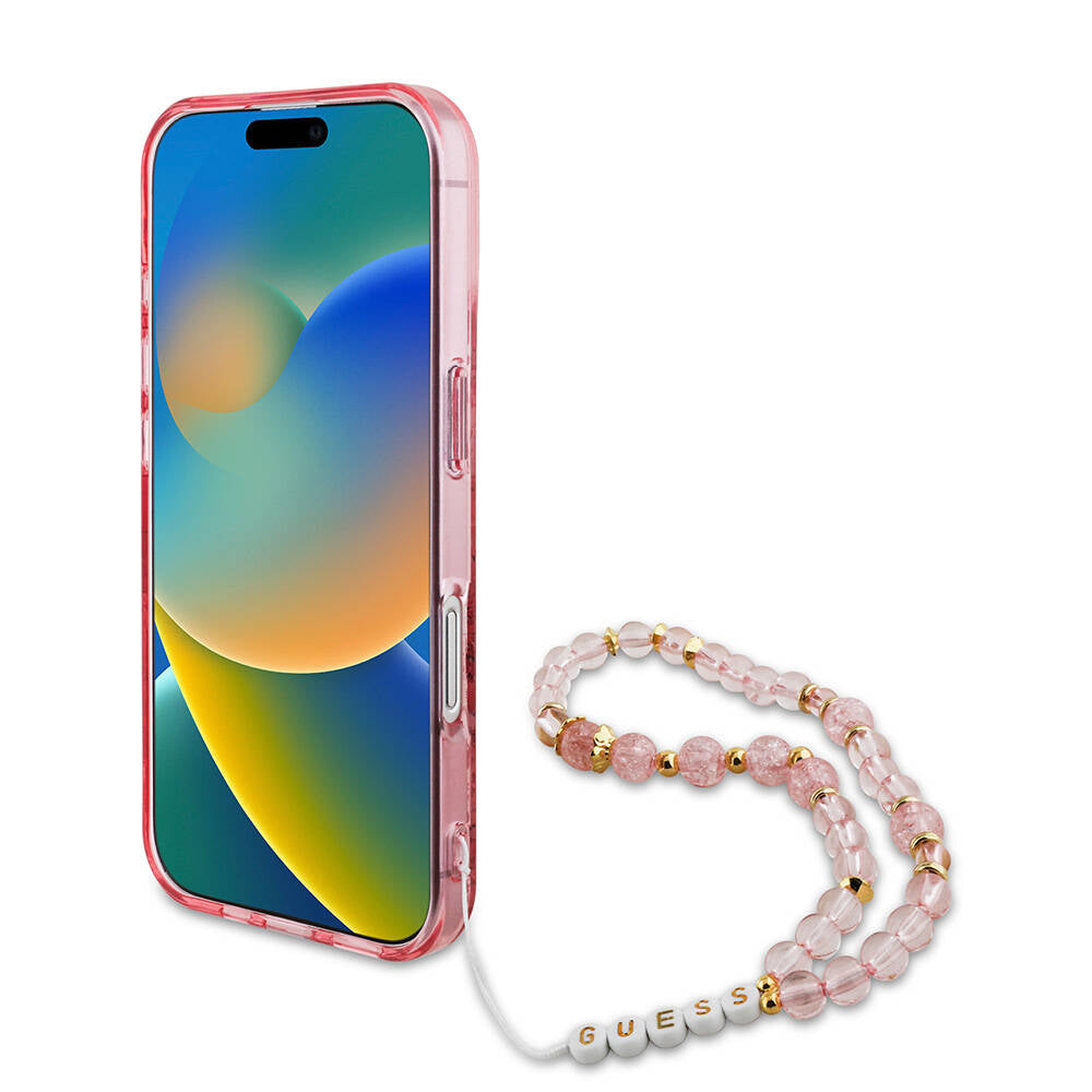 Apple iPhone 16 Plus Case Guess Original Licensed M-Safe Charging Feature IML Printed Flower Pearl Bracelet Cover Green