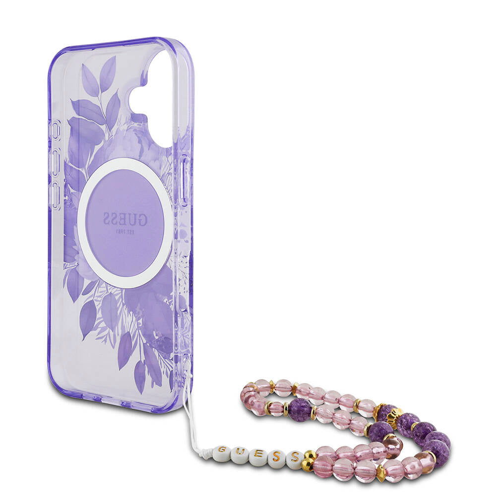 Apple iPhone 16 Plus Case Guess Original Licensed M-safe Charging Feature IML Printed Flower Pearl Bracelet Cover Pink