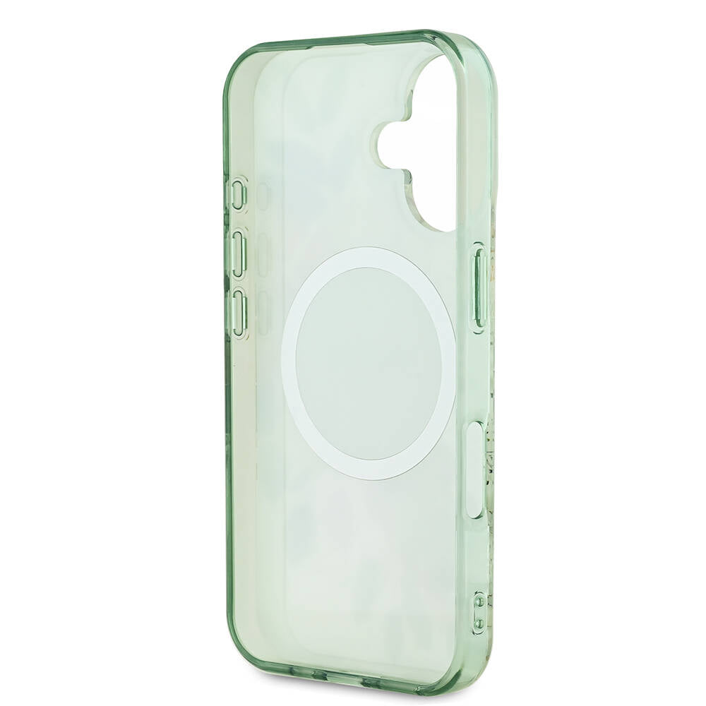 Apple iPhone 16 Plus Case Guess Original Licensed M-Safe Charging Feature IML Printed Text Logo Flower Tonal Circle Cover Green