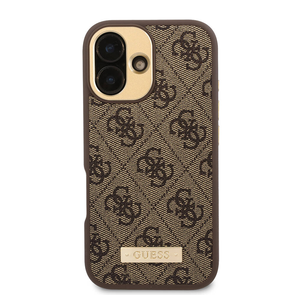 Apple iPhone 16 Plus Case Guess Original Licensed M-safe Charging Feature PU 4G Patterned Metal Plate Classic Logo Cover Pink