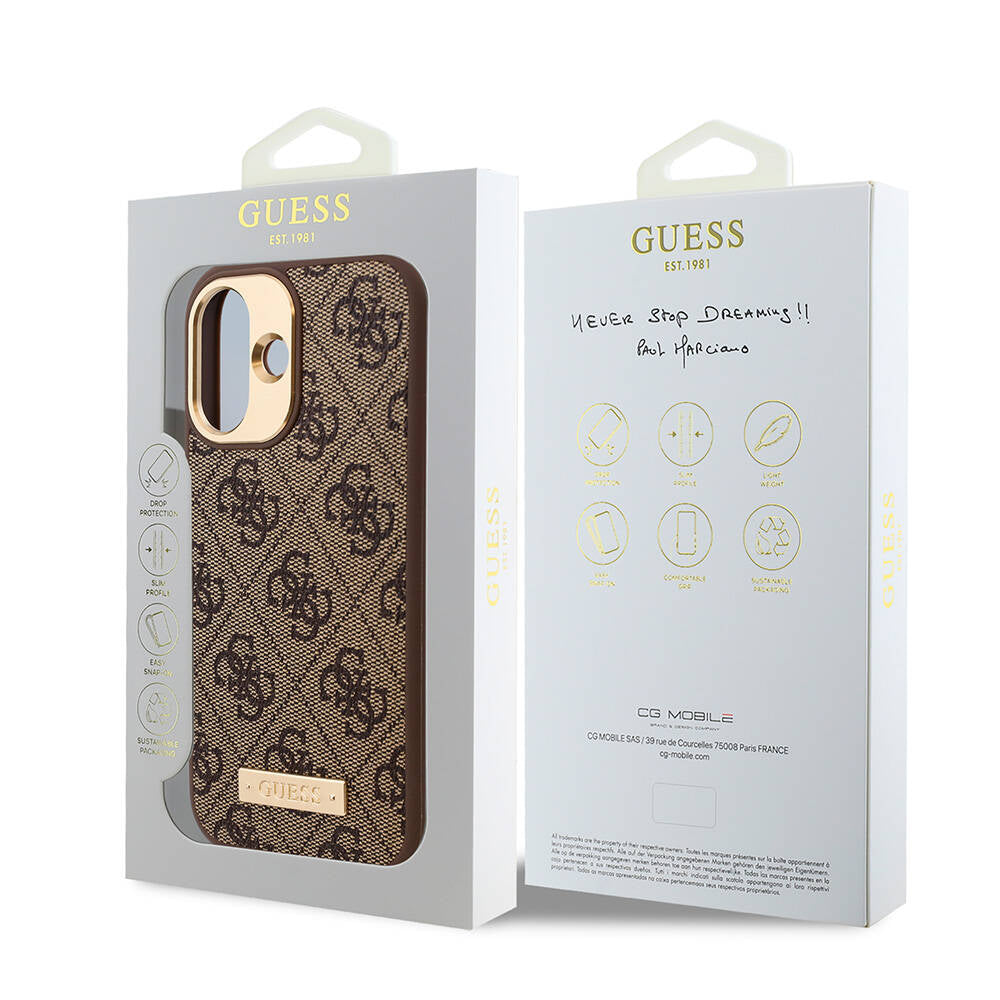Apple iPhone 16 Plus Case Guess Original Licensed M-safe Charging Feature PU 4G Patterned Metal Plate Classic Logo Cover Brown