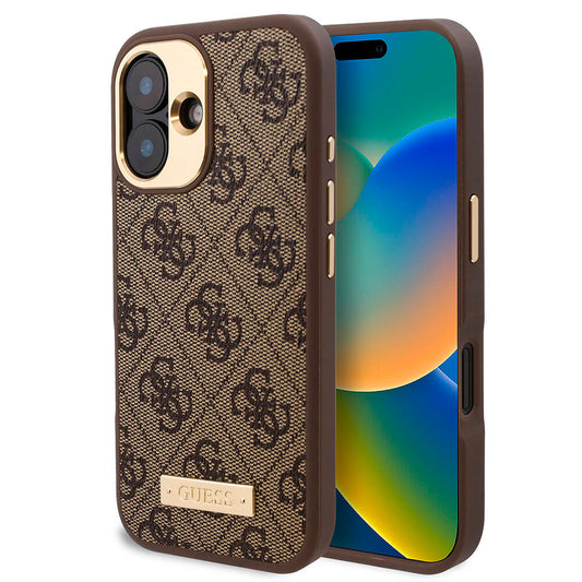 Apple iPhone 16 Plus Kılıf Guess Orjinal Lisanslı M-safe Şarj Özellikli PU 4G Desenli Metal Plaka Klasik Logolu Kapak Kahverengi
