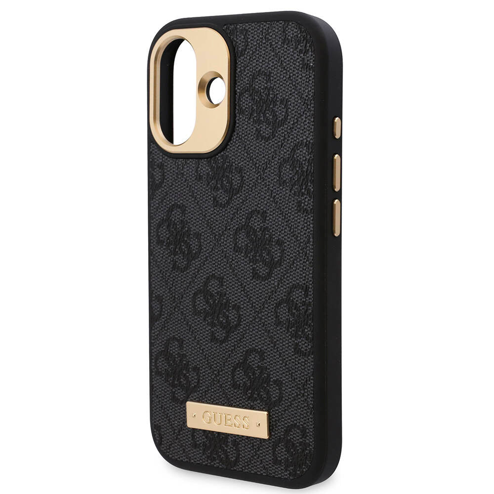 Apple iPhone 16 Plus Case Guess Original Licensed M-safe Charging Feature PU 4G Patterned Metal Plate Classic Logo Cover Brown