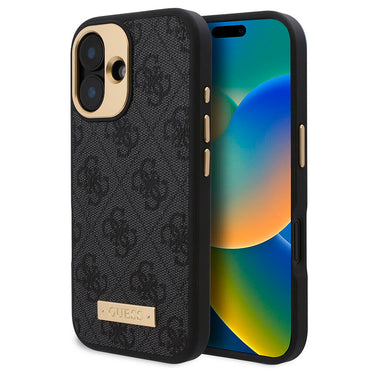 Apple iPhone 16 Plus Kılıf Guess Orjinal Lisanslı M-safe Şarj Özellikli PU 4G Desenli Metal Plaka Klasik Logolu Kapak Kahverengi