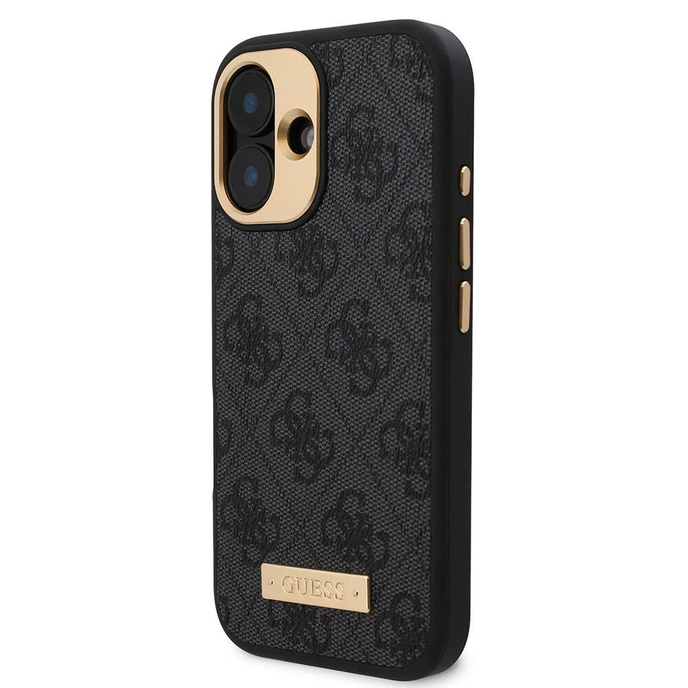 Apple iPhone 16 Plus Case Guess Original Licensed M-safe Charging Feature PU 4G Patterned Metal Plate Classic Logo Cover Brown