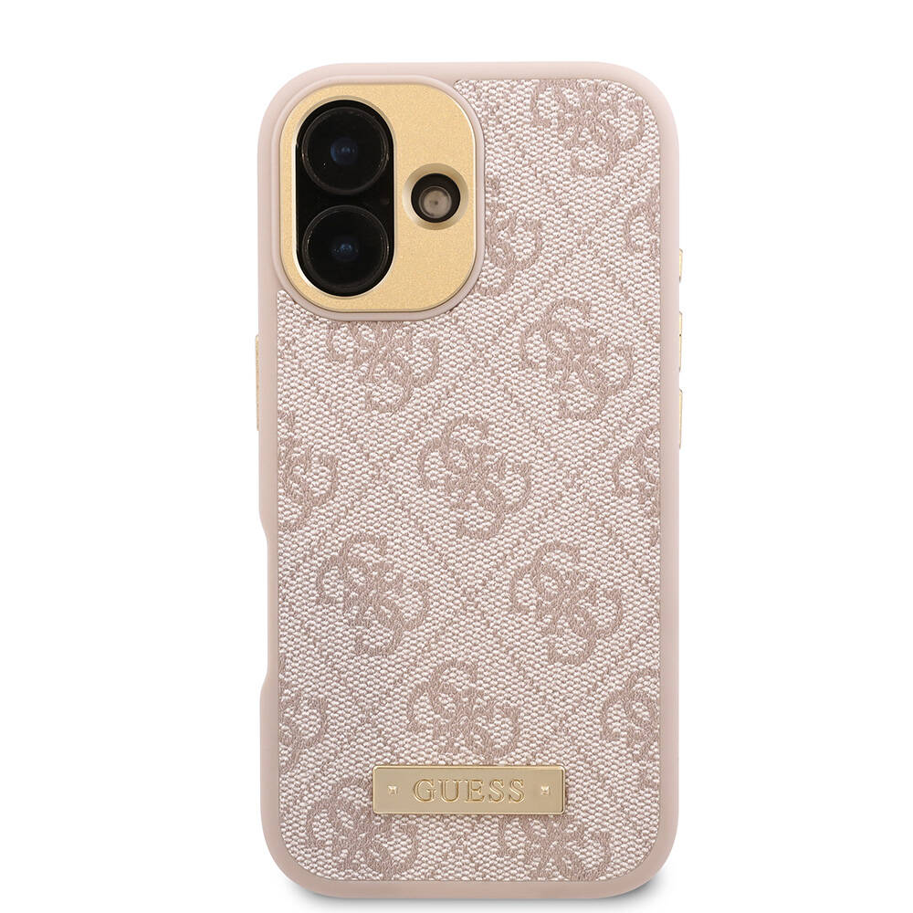 Apple iPhone 16 Plus Case Guess Original Licensed M-safe Charging Feature PU 4G Patterned Metal Plate Classic Logo Cover Pink