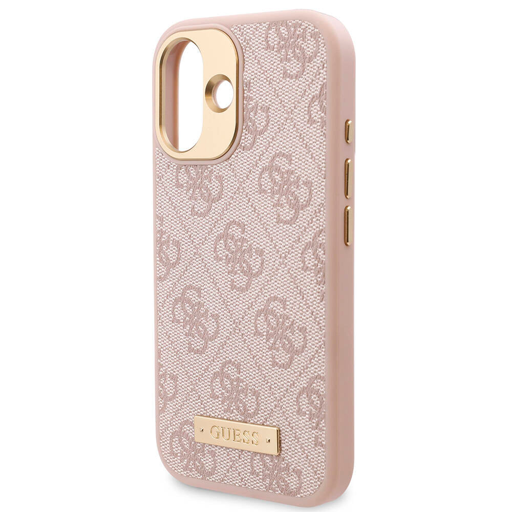 Apple iPhone 16 Plus Case Guess Original Licensed M-safe Charging Feature PU 4G Patterned Metal Plate Classic Logo Cover Brown
