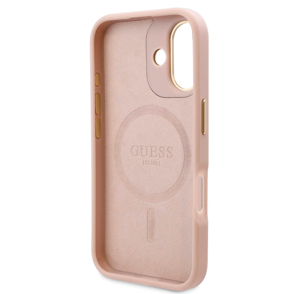 Apple iPhone 16 Plus Case Guess Original Licensed M-safe Charging Feature PU 4G Patterned Metal Plate Classic Logo Cover Brown