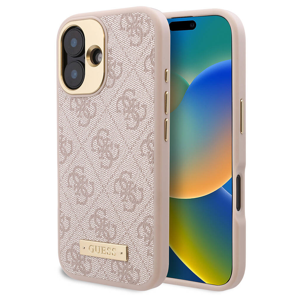 Apple iPhone 16 Plus Case Guess Original Licensed M-safe Charging Feature PU 4G Patterned Metal Plate Classic Logo Cover Pink