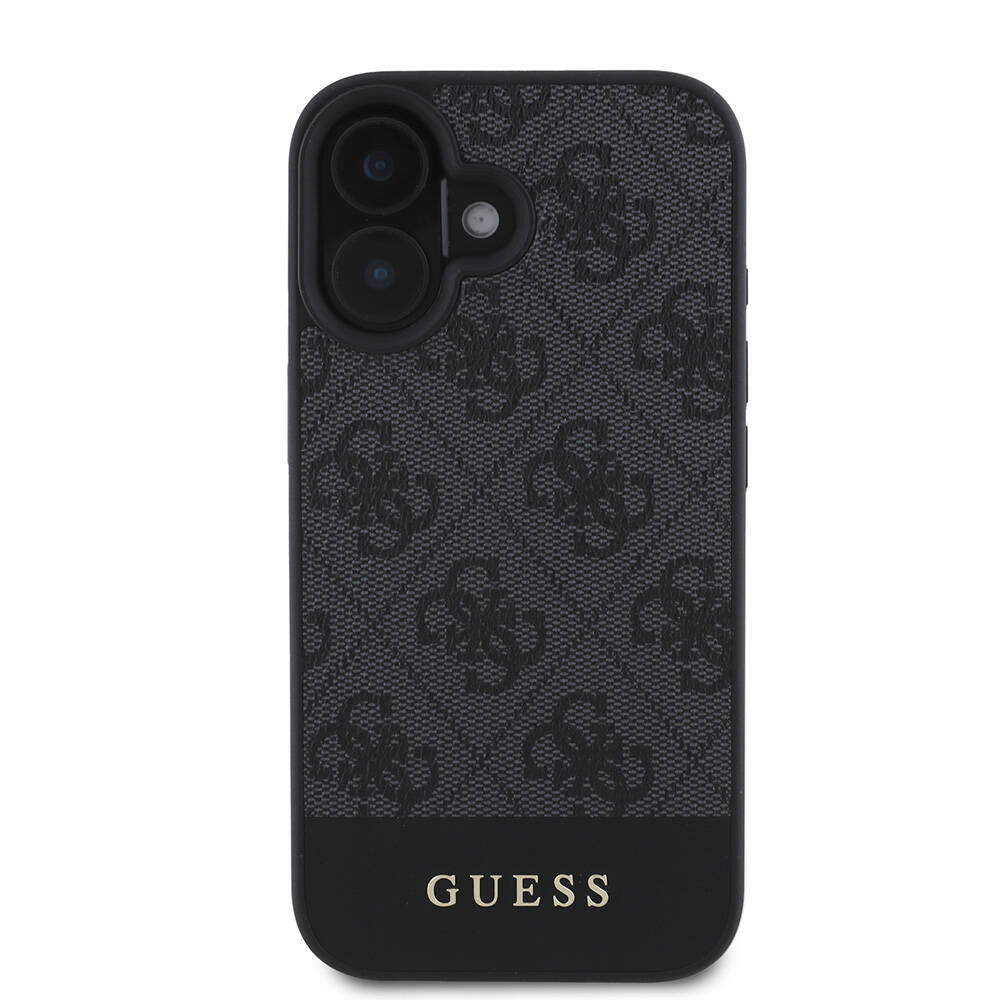 Apple iPhone 16 Plus Case Guess Original Licensed M-safe Charging Feature PU Leather Stripe Logo Design Cover Brown