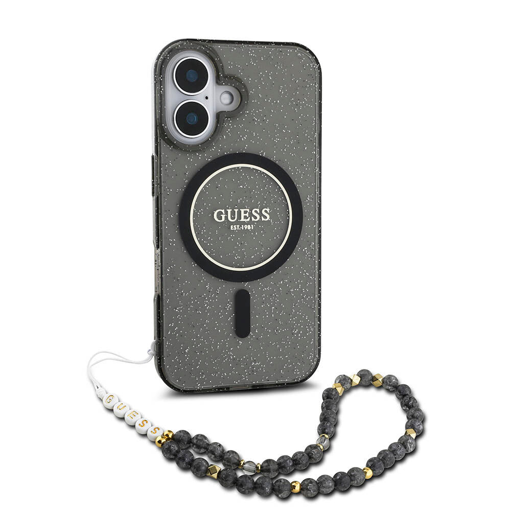 Apple iPhone 16 Plus Case Guess Original Licensed M-safe Charging Feature Glittery Silicone Pearl Bracelet Cover Transparent