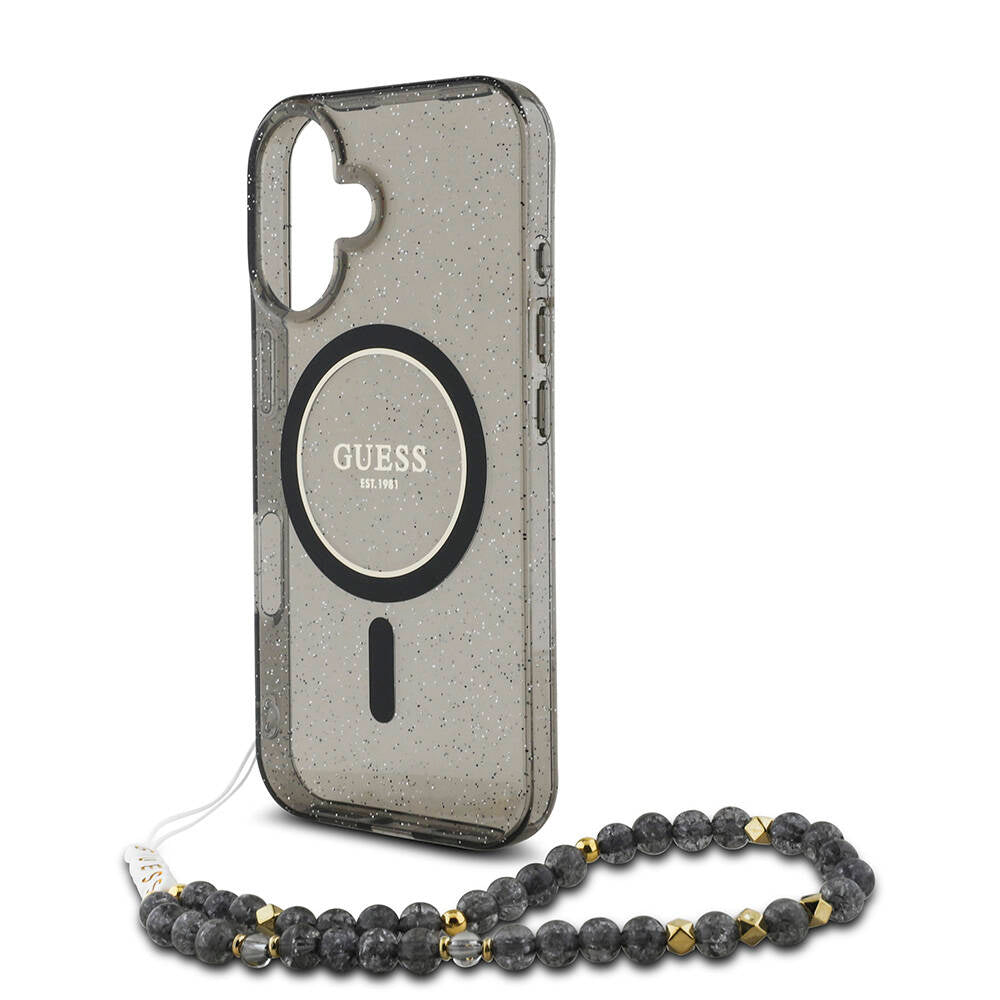 Apple iPhone 16 Plus Case Guess Original Licensed M-safe Charging Feature Glittery Silicone Pearl Bracelet Cover Transparent