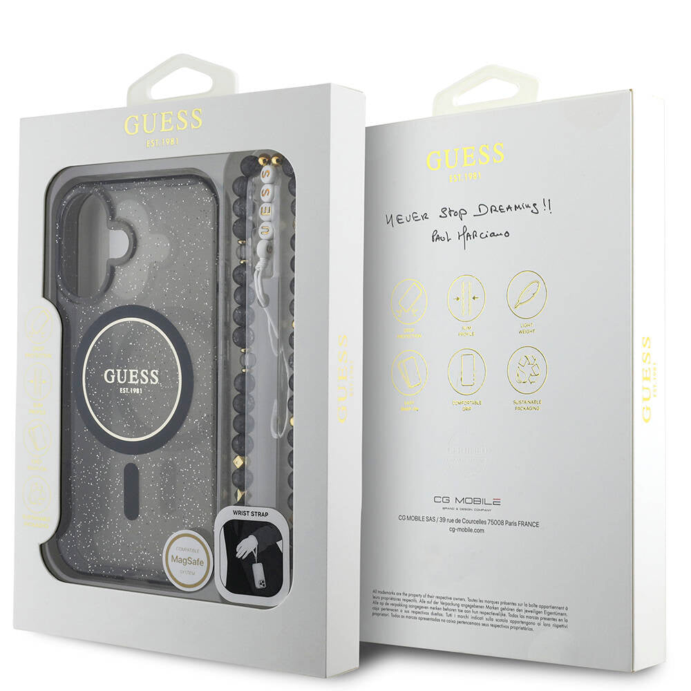 Apple iPhone 16 Plus Case Guess Original Licensed M-safe Charging Feature Glittery Silicone Pearl Bracelet Cover Black