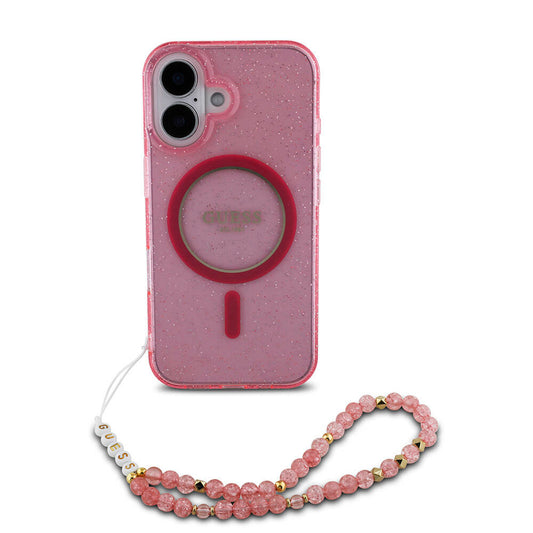Apple iPhone 16 Plus Kılıf Guess Orjinal Lisanslı M-safe Şarj Özellikli Simli Silikon İnci Bileklikli Kapak Pembe