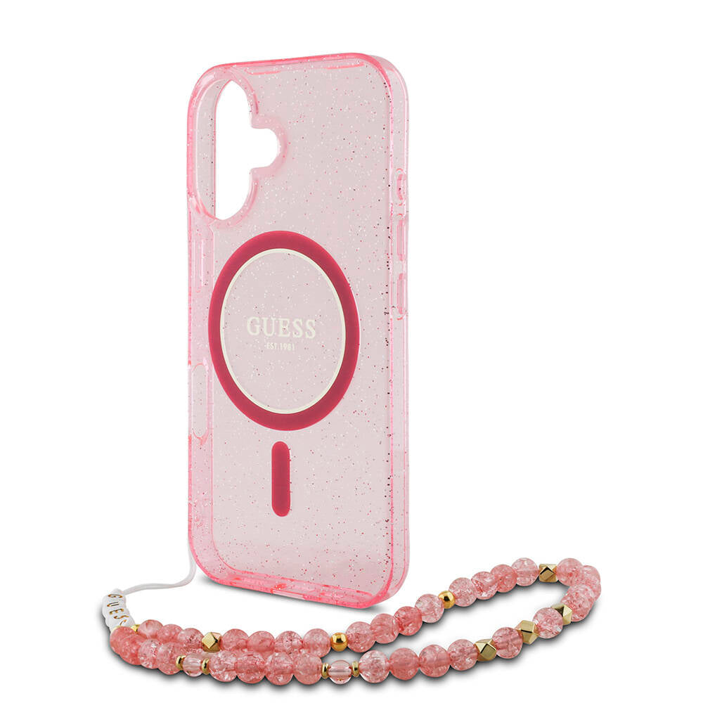 Apple iPhone 16 Plus Case Guess Original Licensed M-safe Charging Feature Glittery Silicone Pearl Bracelet Cover Black