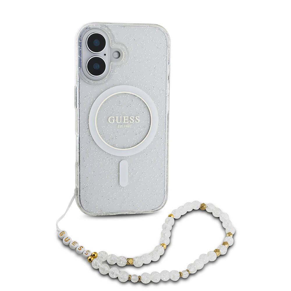 Apple iPhone 16 Plus Case Guess Original Licensed M-safe Charging Feature Glittery Silicone Pearl Bracelet Cover Black