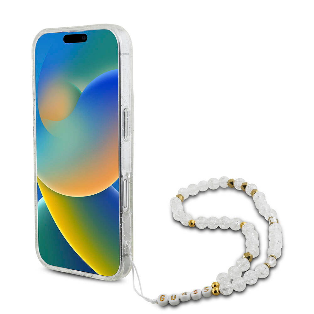 Apple iPhone 16 Plus Case Guess Original Licensed M-safe Charging Feature Glittery Silicone Pearl Bracelet Cover Black