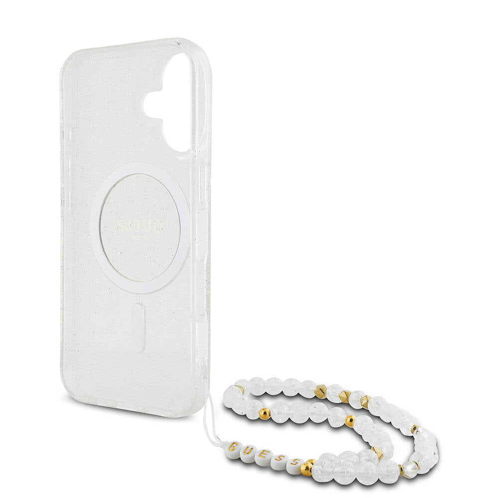 Apple iPhone 16 Plus Case Guess Original Licensed M-safe Charging Feature Glittery Silicone Pearl Bracelet Cover Black