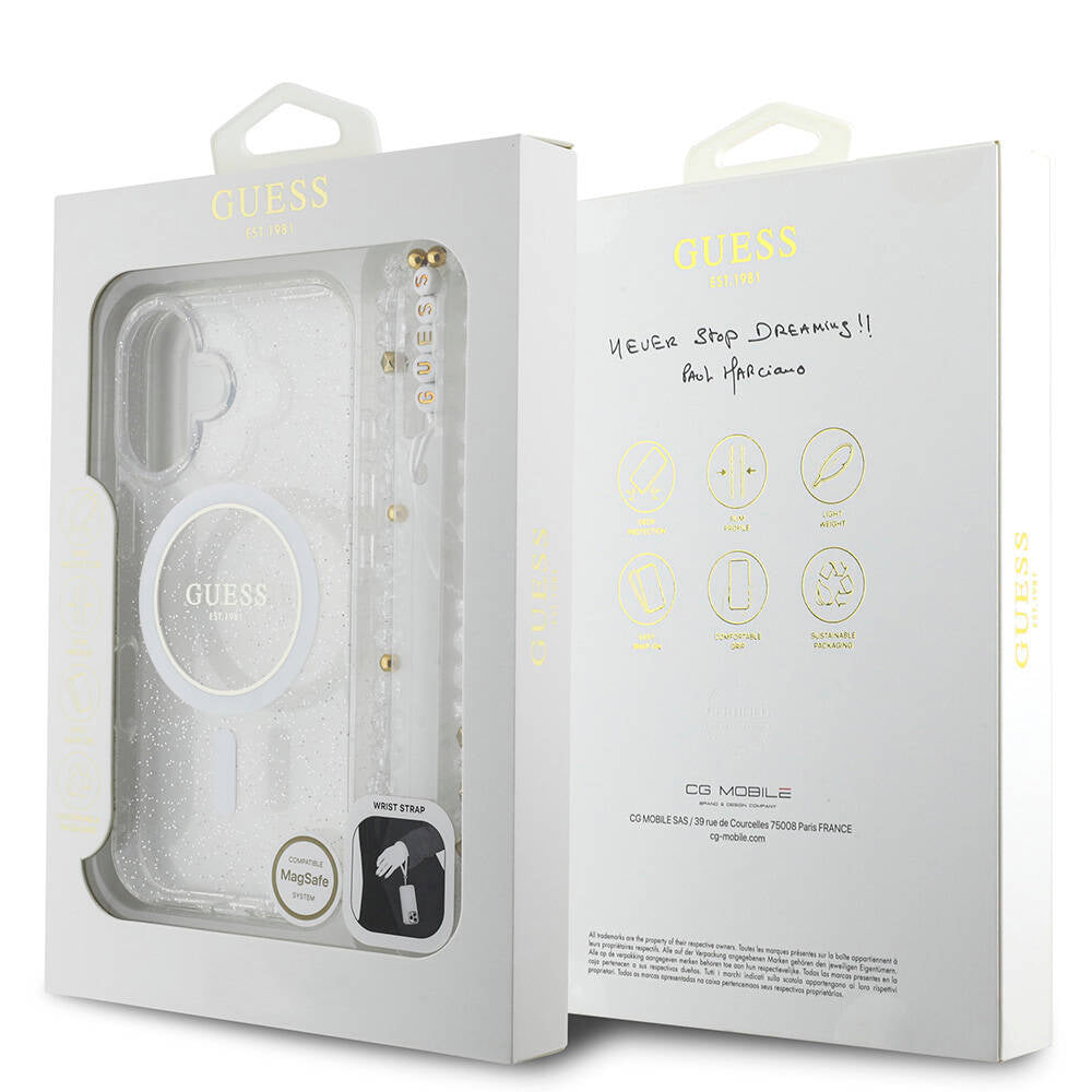Apple iPhone 16 Plus Case Guess Original Licensed M-safe Charging Feature Glittery Silicone Pearl Bracelet Cover Transparent