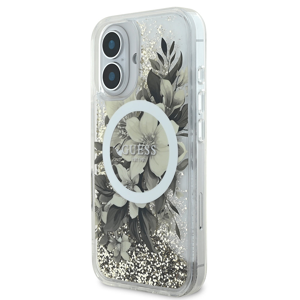 Apple iPhone 16 Plus Case Guess Original Licensed M-safe Charging Feature Liquid Glitter Flower Patterned Cover Purple