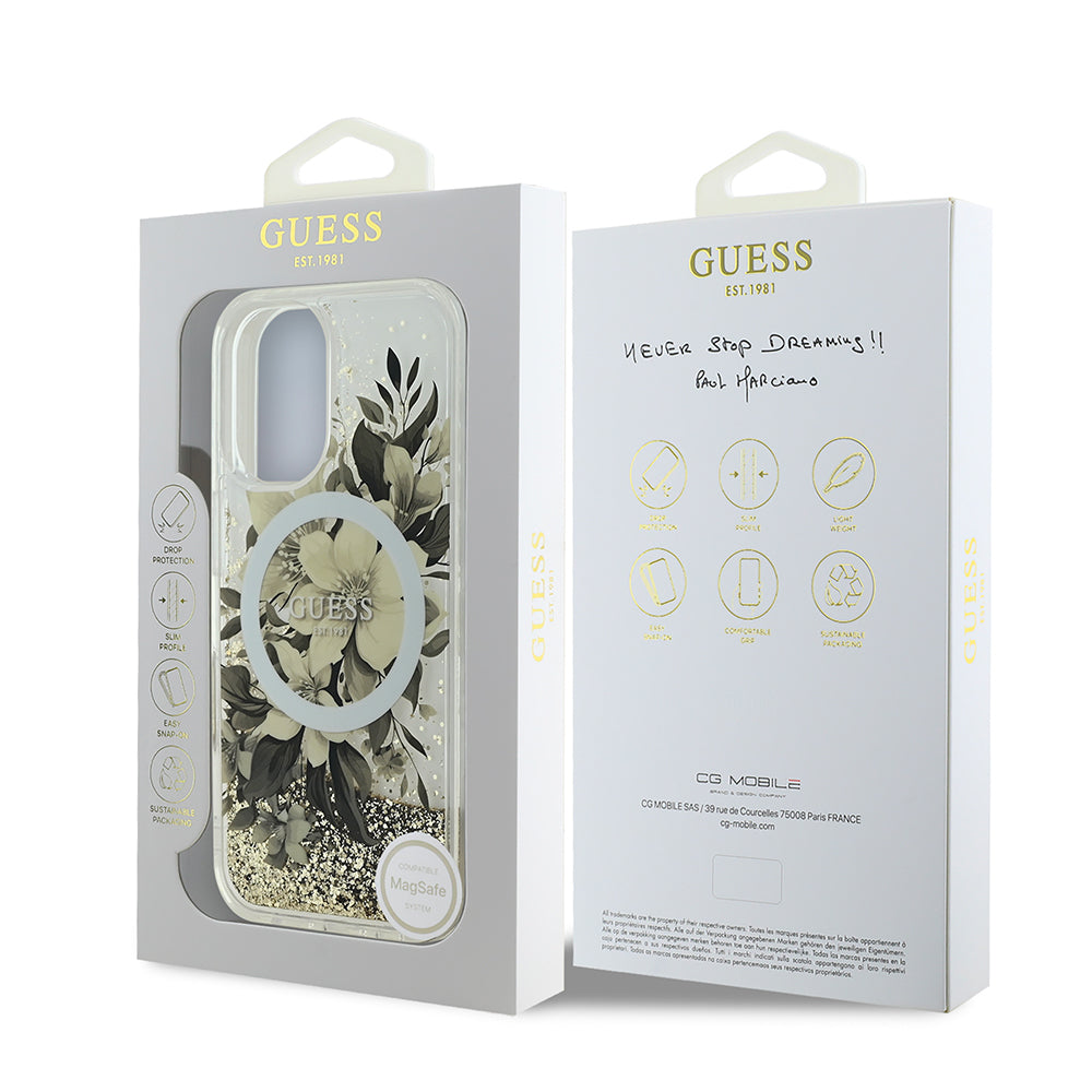 Apple iPhone 16 Plus Case Guess Original Licensed M-safe Charging Feature Liquid Glitter Flower Patterned Cover Beige