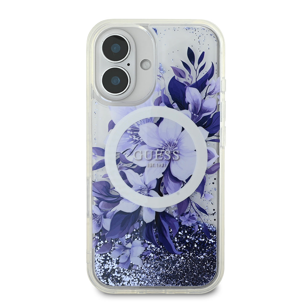 Apple iPhone 16 Plus Case Guess Original Licensed M-safe Charging Feature Liquid Glitter Flower Patterned Cover Purple