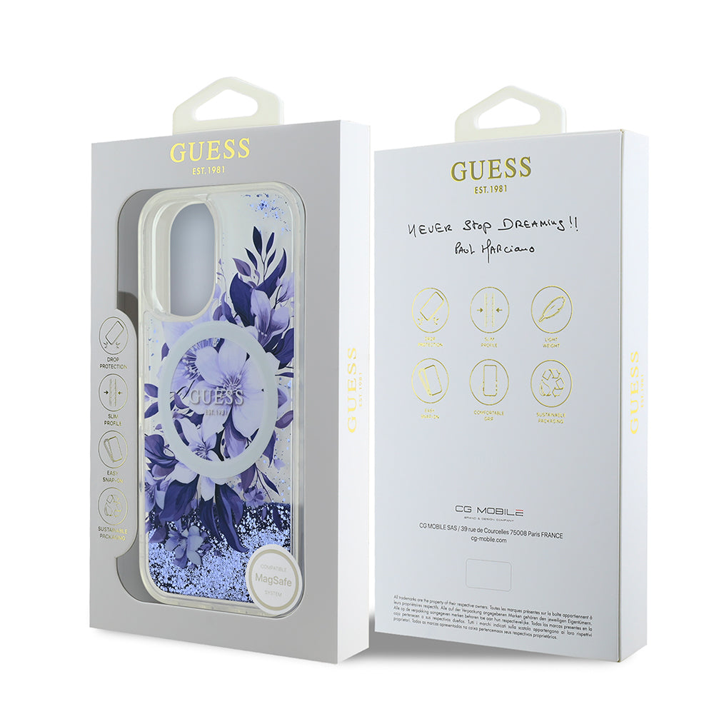 Apple iPhone 16 Plus Case Guess Original Licensed M-safe Charging Feature Liquid Glitter Flower Patterned Cover Purple