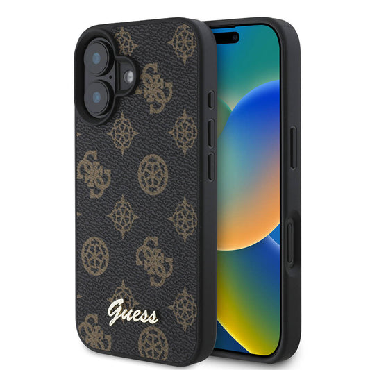 Apple iPhone 16 Plus Case Guess Original Licensed M-safe Charging Featured Peony Cover Black with Text Logo