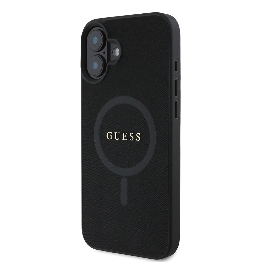 Apple iPhone 16 Plus Case Guess Original Licensed M-safe Charging Feature Saffiano Classic Cover Black with Text Logo