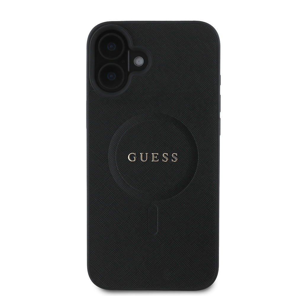Apple iPhone 16 Plus Case Guess Original Licensed M-safe Charging Feature Saffiano Classic Cover Black with Text Logo