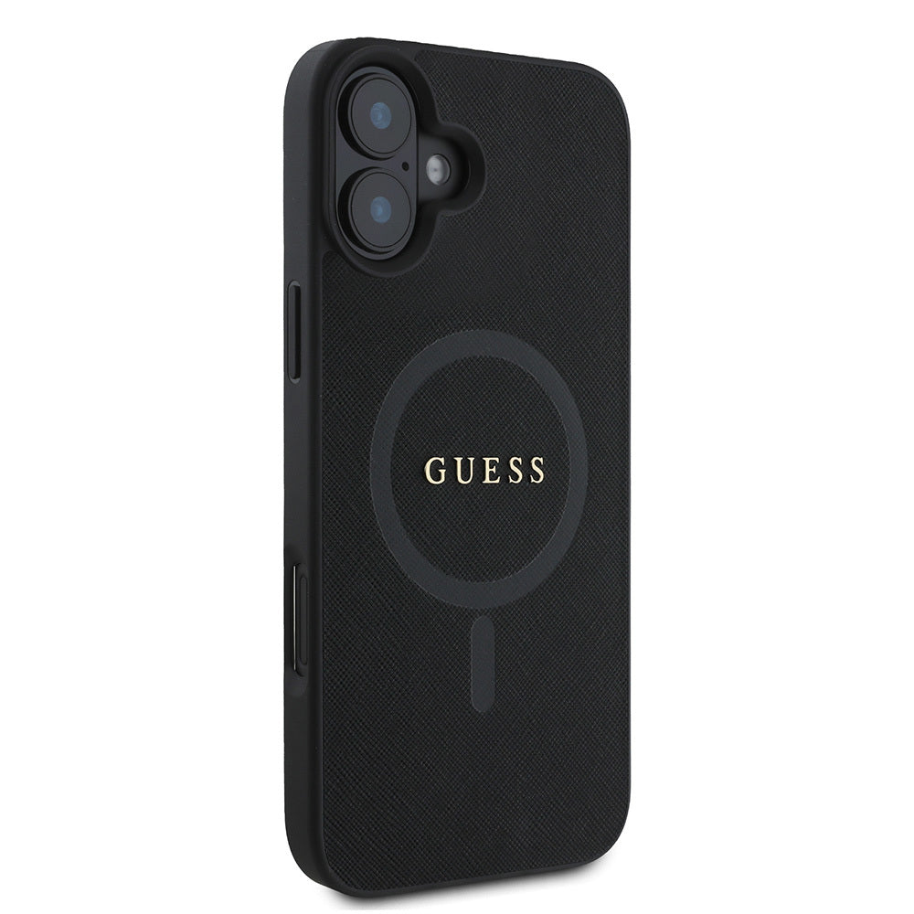 Apple iPhone 16 Plus Case Guess Original Licensed M-safe Charging Feature Saffiano Classic Cover Black with Text Logo