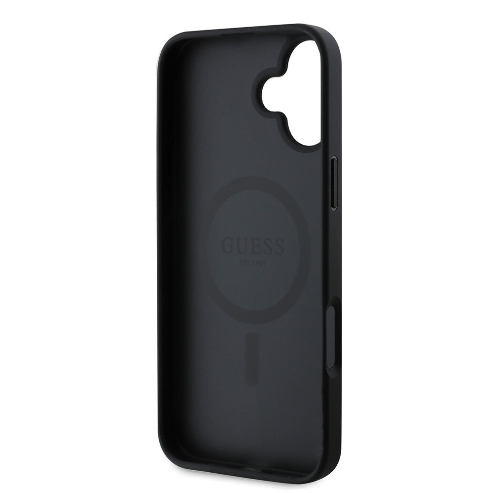 Apple iPhone 16 Plus Case Guess Original Licensed M-safe Charging Feature Saffiano Classic Cover Black with Text Logo